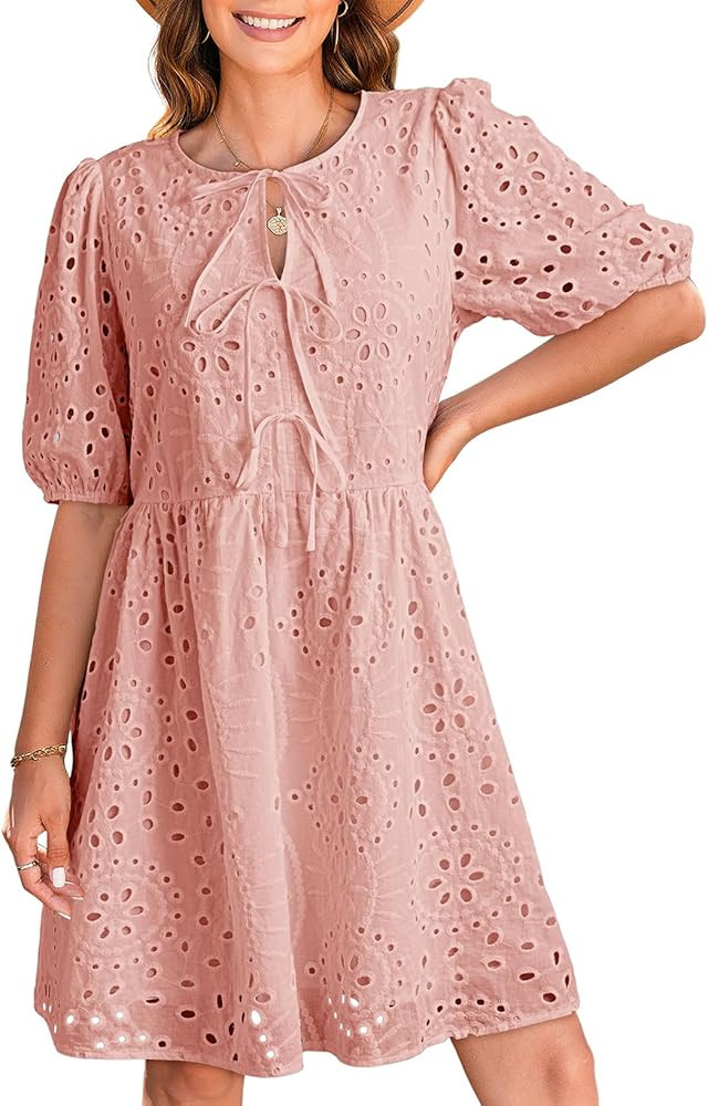 Dokotoo Summer Dresses for Women 2025 Tie Front V Neck Short Puff Sleeve Hollow Out Lace Wedding ... | Amazon (US)