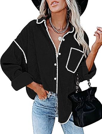 ZESICA Womens 2024 Fall Corduroy Shacket Jacket Long Sleeve Button Down Shirt Oversized Blouses T... | Amazon (US)