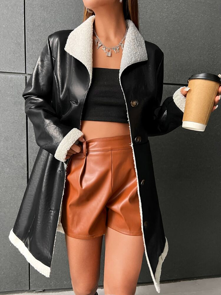 SHEIN Teddy Lined PU Leather Coat Without Belt | SHEIN