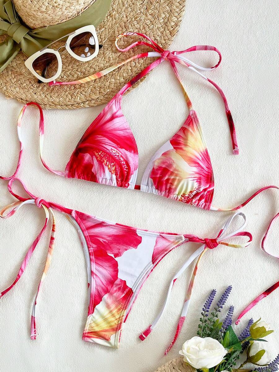 SHEIN VCAY Women's Floral Print Halter Tie Bikini Summer Set For Beach, Summer Clothes, Valentine... | SHEIN