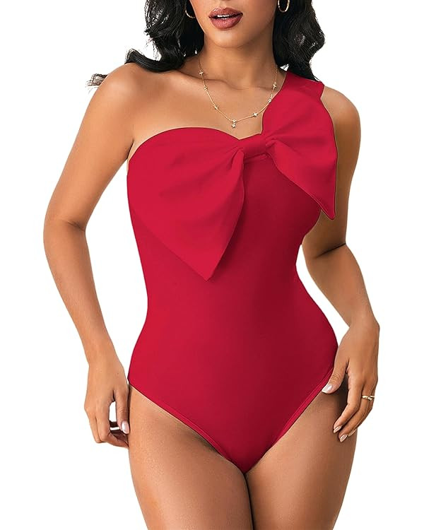 WDIRARA Women's Bow Front One Shoulder Bodysuit Asymmetrical Sleeveless Top | Amazon (US)