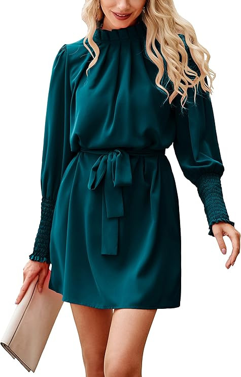 Amazon.com: dowerme Women Smocked Long Sleeve Ruffle Crew Neck A Line Belt Dress Casual Solid Fal... | Amazon (US)