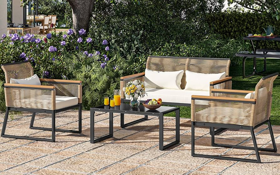 YITAHOME Patio Furniture Wicker Outdoor Bistro Set, 4-Piece All Weather Rattan Conversation Loves... | Amazon (US)