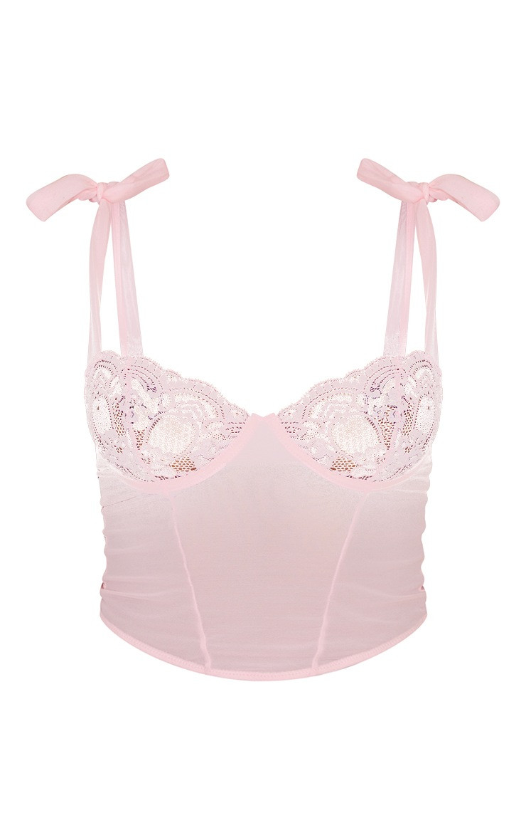 Pale Pink Lace Mesh Mix Tie Strap Corset | Pretty Little Thing (Australia & New Zealand)