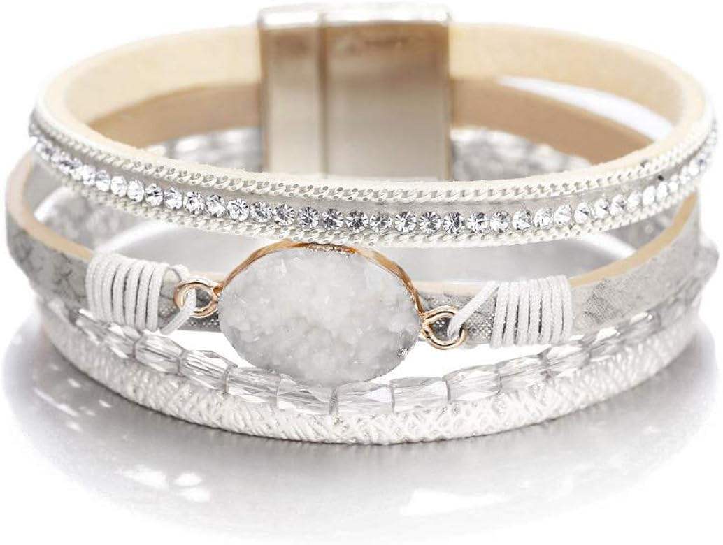 Fesciory Leopard Bracelet for Women, Boho Leather Wrap Multi-Layer Pearl Crystal Bracelet Bangle ... | Amazon (US)