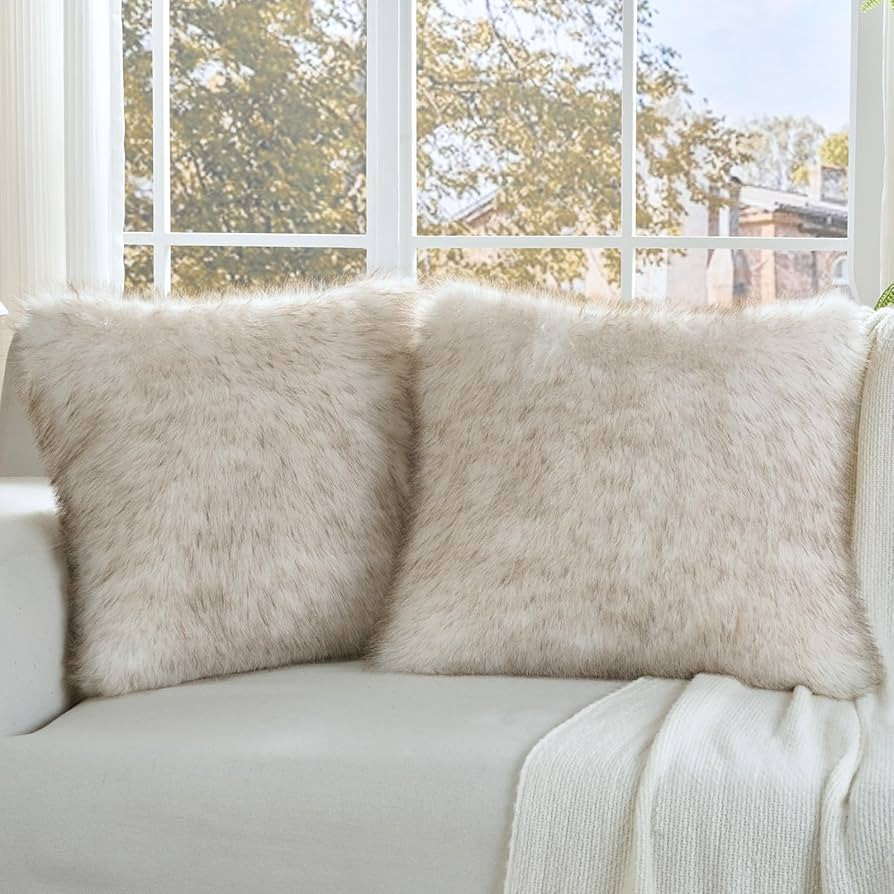 FUTEI Coffee White Decorative Throw Pillow Covers 18x18 Inch Set of 2,Soft Fluffy Faux Fox Fur Te... | Amazon (US)