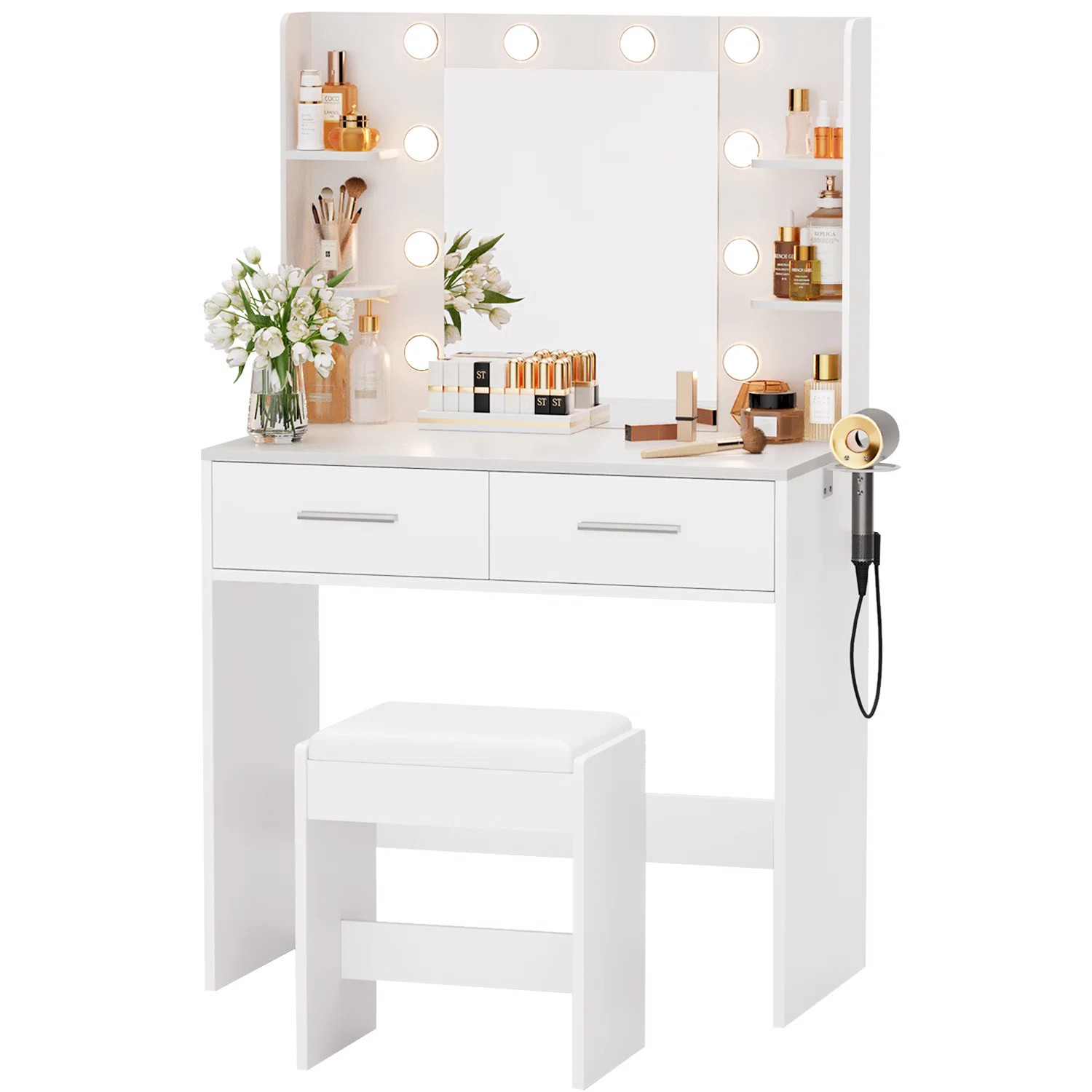 George Oliver Makeup Vanity Desk with Bench, Adjustable Lights, Power Outlet and Mirror | Wayfair | Wayfair North America
