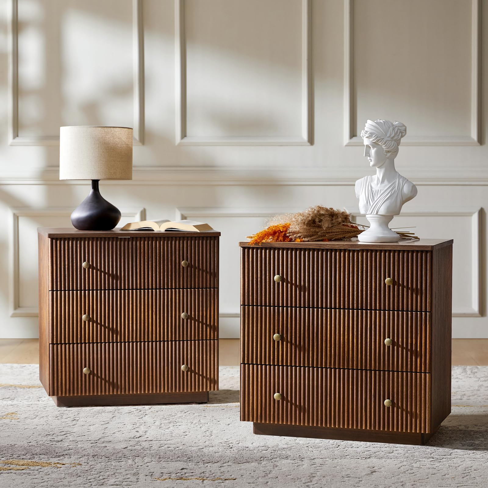 HULALA HOME 26" Fluted Nightstands Set of 2 with Charging Station, Solid Wood Modern 3 Drawer Nig... | Amazon (US)