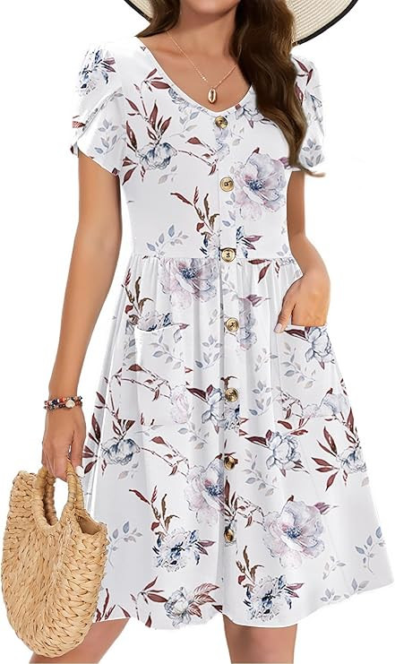 Zeagoo Womens Summer Dress Mini Petal Short Sleeve Dresses Pleated Button Down V Neck Floral Beac... | Amazon (US)