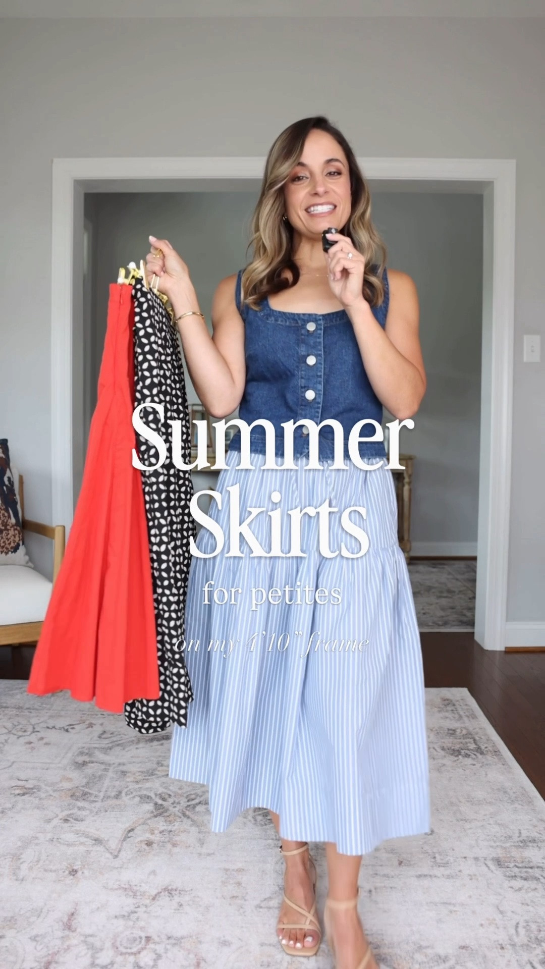 Three summer skirts for petites! 

Outfit 1 
Striped skirt: xxs 
Denim vest: 0 

Outfit 2 
Red Skirt: petite xxs
White tank top: xs 

Outfit 3 
Black printed skirt: petite 0 
Top: petite xxs White tank

#LTKPetite