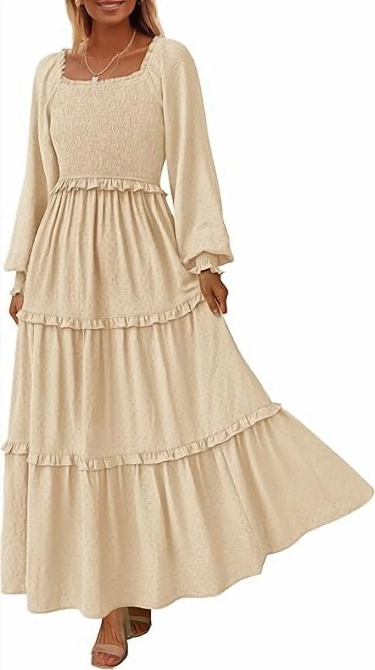 PRETTYGARDEN Women's Spring Long Sleeve Smocked Maxi Dress Casual Square Neck Swiss Dot Tiered Ru... | Walmart (US)