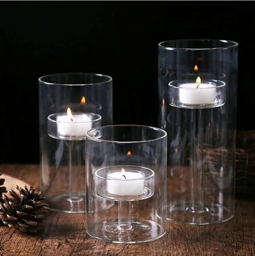 Glass Hurricane Candle Holder, 3pcs Clear Cylinder Candle Holders Bulk for Pillar Candles, Open E... | Amazon (US)