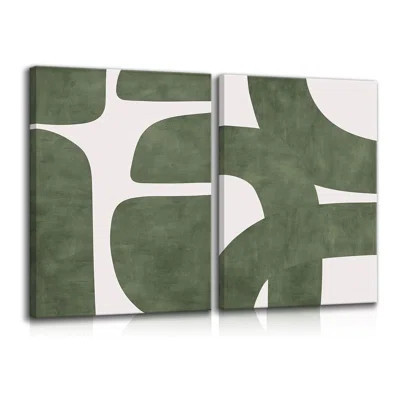 Set Of 2 Green Abstract Canvas Wall Art Modern Minimalist Wall Decor Green And White Beige Line Pictures Prints Wabi Sabi Paintings Living Room Home D | Wayfair North America