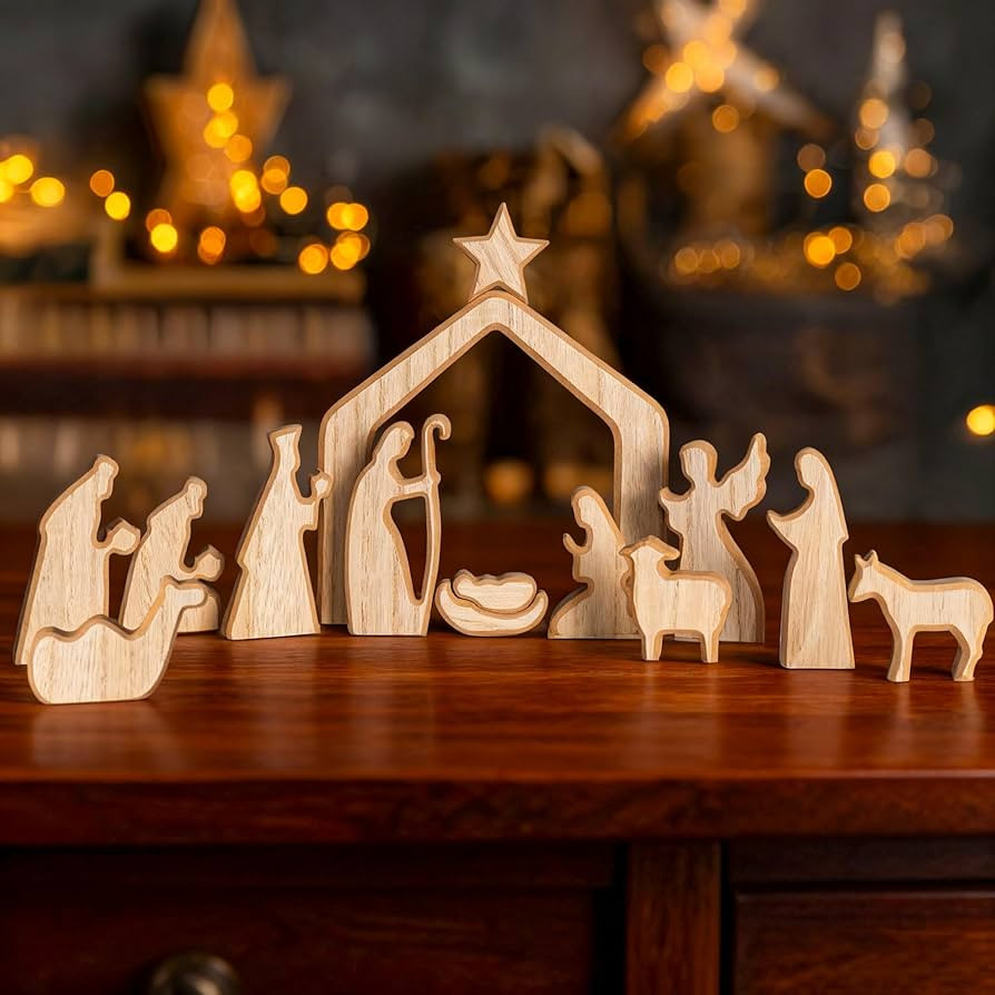 NEROSUN Nativity Scene Set, 13Pcs Wooden Christmas Nativity Scene Miniature Holy Family Figurines... | Amazon (US)