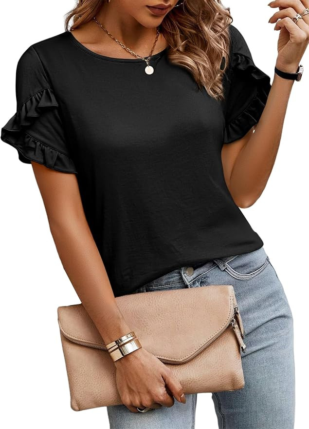 Womens Tshirts Ruffle Tops Crewneck Short Sleeve Shirts Summer Business Casual Tee Dressy Work Fa... | Amazon (US)