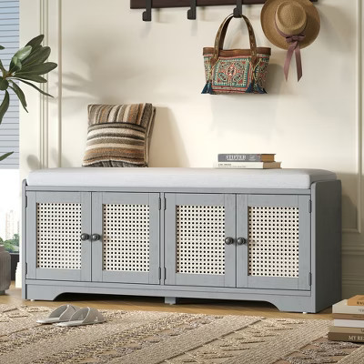 Whisen Rustic Wood Storage Bench, Entryway Shoe Bench with Removable Cushion, Adjustable Shelves - Beige & Gray Wash | Target