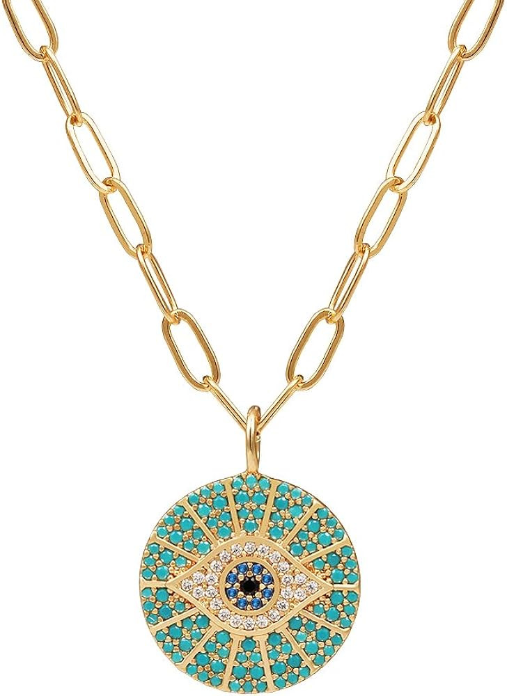 Obidos 14k Gold Plated Evil Eye Pendant Necklace for Women 18-20Inch,Round Circle Disk Minimalist... | Amazon (US)
