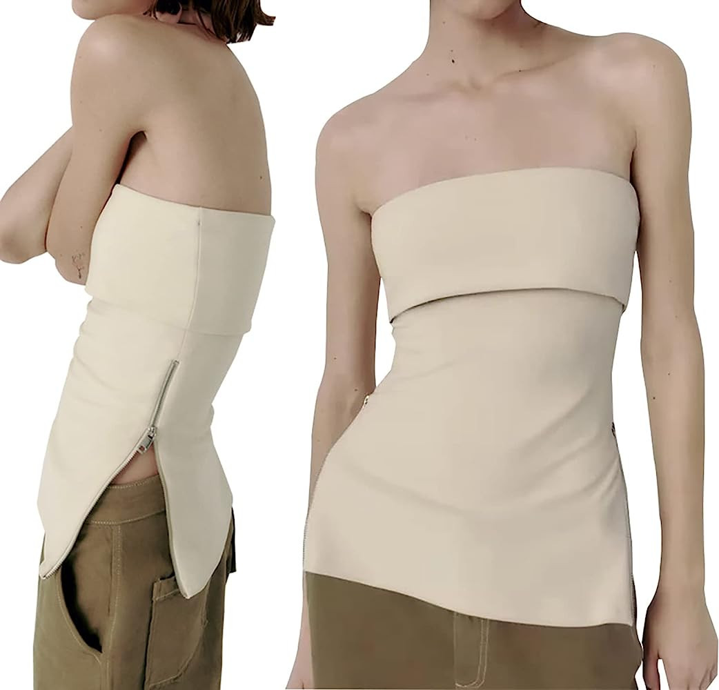 Cioatin Women’s Sexy Zip Slit Knit Strapless Bandeau Tube Tank Top Y2K Off Shoulder Slim Fit Sl... | Amazon (US)