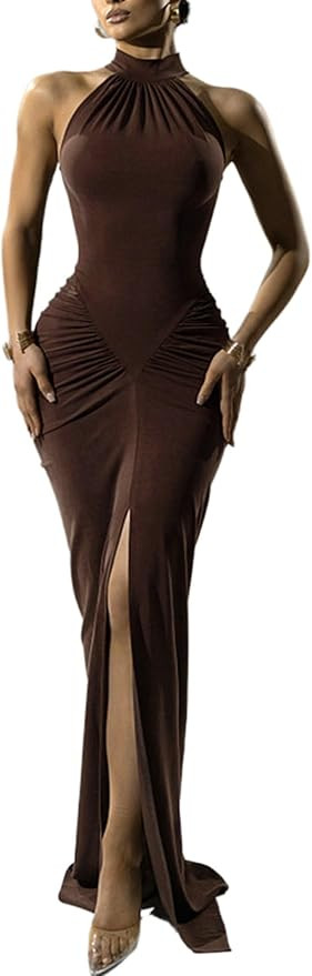 Halter Maxi Dresses for Women Sexy Bodycon High Split Cocktail Long Ruched Dress Party Club Outfi... | Amazon (US)