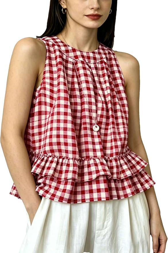 HangNiFang Women's Summer Casual Gingham Sleeveless Peplum Tank Tops Round Neck Double Ruffle Hem... | Amazon (US)