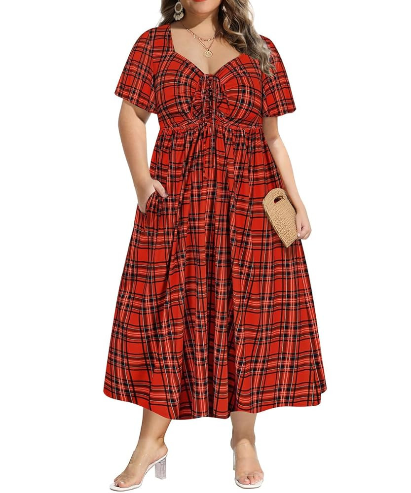 CARCOS Plus Size Dresses for Curvy Women Tie Sweetheart Neck Summer Maxi Dress Short Sleeve Empir... | Amazon (US)