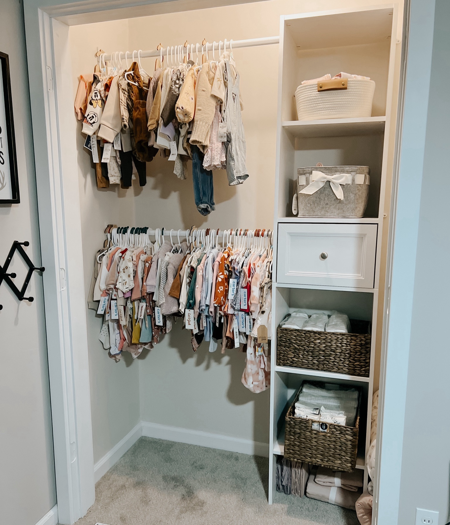 Baby sister's closet is coming along! Scraped off wallpaper, sanded, primed, and painted before adding this closet system from Home Depot! I'm so excited to start organizing all her things in preparation for her arrival any day now 🥹 just need to grab some more bins for the closet and she will be done!

Baby girl nursery, baby girl closet, closet system, closet organizing, organization, 

#LTKbaby #LTKbump #LTKhome