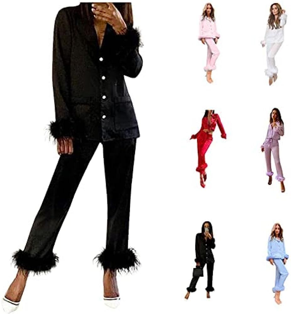 Cozy Flannel Pajamas for Women Long Feather Sleeve Button Down Pjs Set Soft Cotton Sleepwear Nightwe | Amazon (US)
