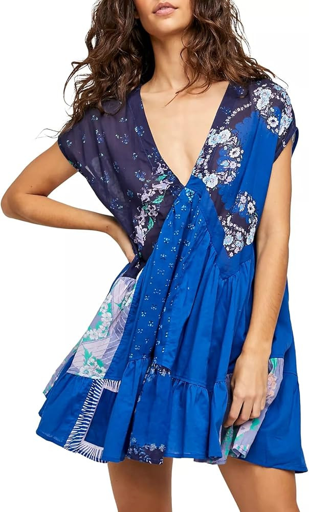 Women Y2k Floral Ruffle Mini Dress Boho V Neck Puff Sleeve Short Dress Flowy Patchwork Babydoll D... | Amazon (US)