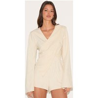 Cream Pinstripe Peachskin Wrap Front Long Sleeve Romper | PrettyLittleThing US