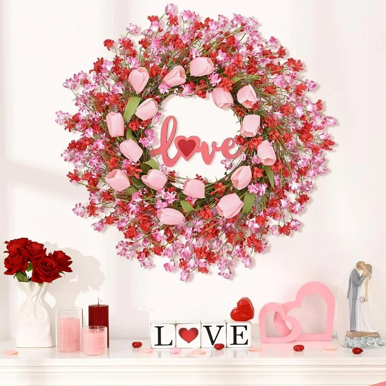 Dolicer 22inch Valentines Day Wreath,Artificial Pink Wreath with Tulip Berry Green Leaf Element, ... | Walmart (US)
