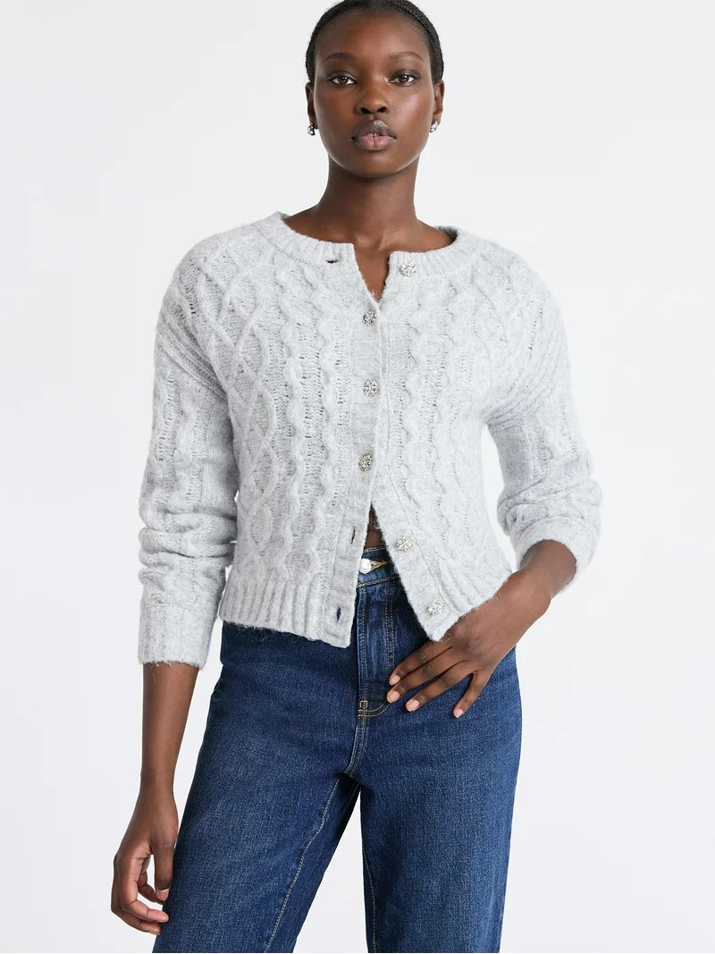 Free Assembly Women's and Women's Plus Cropped Cable Cardigan Sweater, Midweight, Sizes XS-4X | Walmart (US)