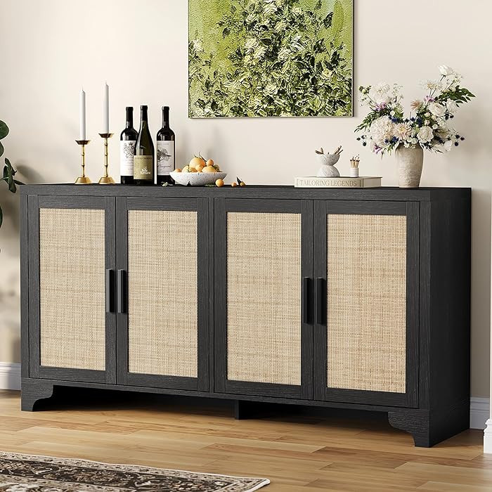 GarveeHome 4-Door Sideboard Buffet Cabinet, Natural Rattan Storage Cabinet, Boho Entryway Console... | Amazon (US)