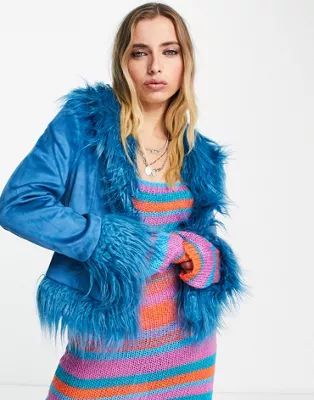 Bershka shaggy fur trim detail jacket in blue | ASOS (Global)