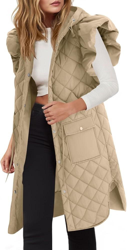 Tankaneo Womens Long Puffer Vest Ruffle Sleeve Winter Coats Hood Sleeveless Quilted Jackets Outwe... | Amazon (US)