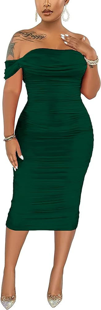 Women's Sexy Off Shoulder Sleeveless Bodycon Ruched Midi Elegant Cocktail Evening Party Night Tub... | Amazon (US)
