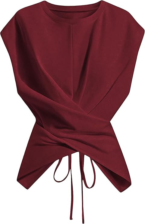 Verdusa Womens Cinched Waist Wrap Top Cap Sleeve Tie Back Asymmetrical Tops | Crew Neck, Sleevele... | Amazon (US)