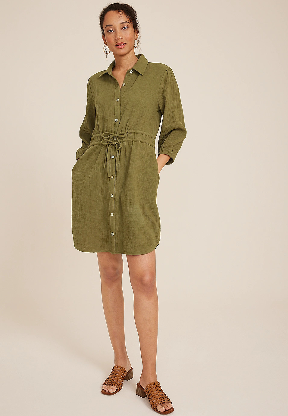 3/4 Sleeve Button Front Shirt Dress | Maurices