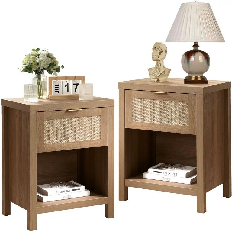 SICOTAS Rattan Nightstands Set of 2 with Drawer and Storage Bedside Table End Table Side Table Ac... | Walmart (US)