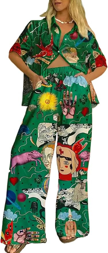 Kissonic Womens Summer Print 2 Piece Pajama Boho Short Sleeve Shirt Top | Amazon (US)