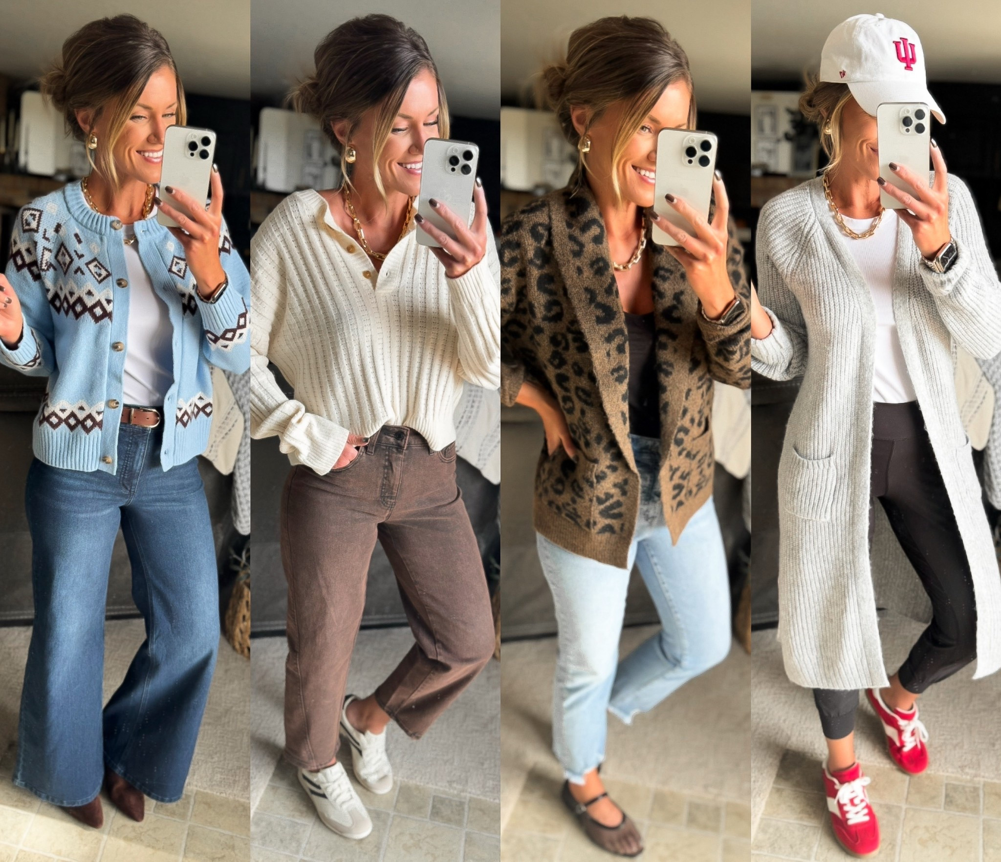 Walmart understands the sweater game. So many cute new styles for Fall. 
Fair isle cardigan/ small 
Cream henley/ medium 
Animal print/ small
Grey cardigan/ medium 
Flare denim/ 8
Brown barrel / 6
Skinny jeans/ 6
Joggers/ mediumm

#LTKStyleTip #LTKSeasonal