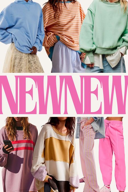 New arrivals from free people! Loving the bold colors and fun striped. I size down to a small in all oversized sweatshirts. Size M in sweats 