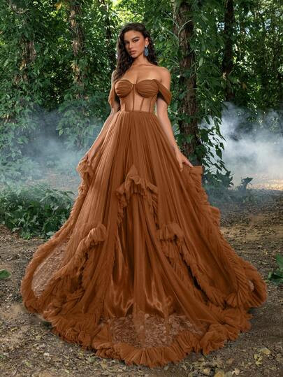 Faeriesty Luxe Sophisticated Off-Shoulder Evening Gown With Adjustable Back-Tie Corset Waist, Flowing A-Line Silhouette, And Cascading Ruffle Accents – Ideal For Red Carpet Galas, Black-Tie Weddings, Formal Charity Balls, Opera Nights, And Luxury Award Ceremonies | SHEIN