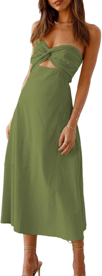 Fiemaoves Sexy Twist Front Strapless Sweetheart Neckline Midi Dresses for Women Smocked Cutout Tu... | Amazon (US)