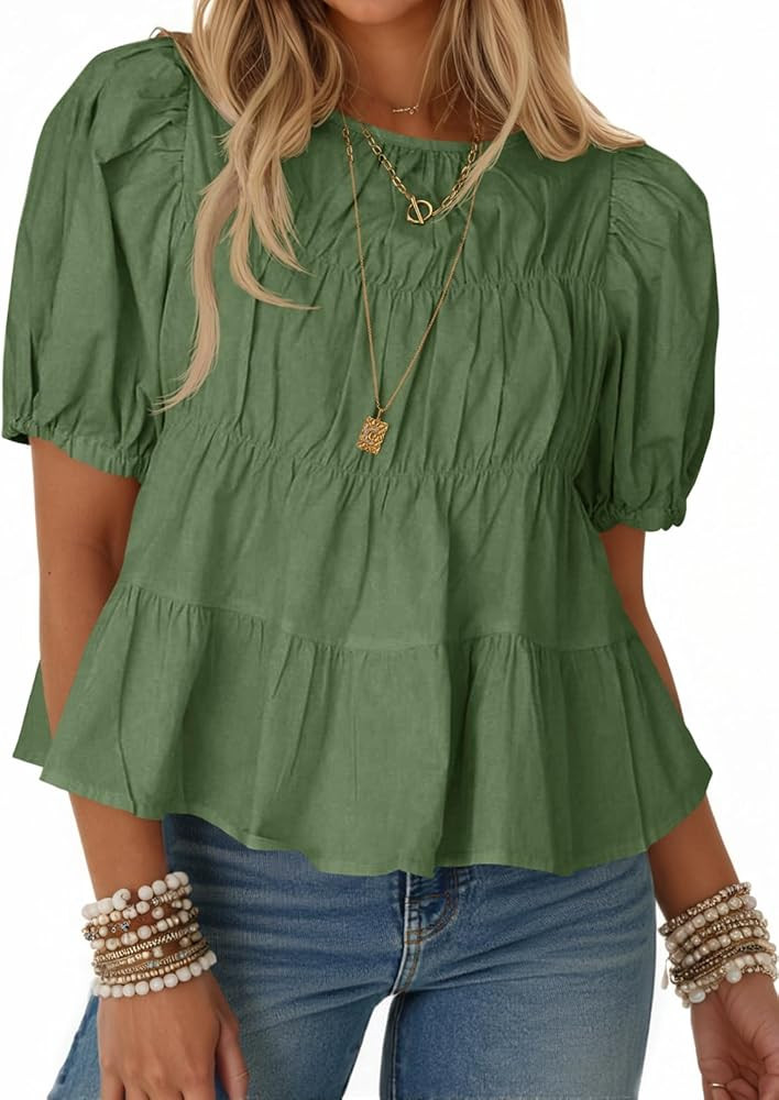 Tankaneo Womens Puff Sleeve Peplum Babydoll Tops Summer Smoked Pleated Cotton T-Shirts Casual Loo... | Amazon (US)
