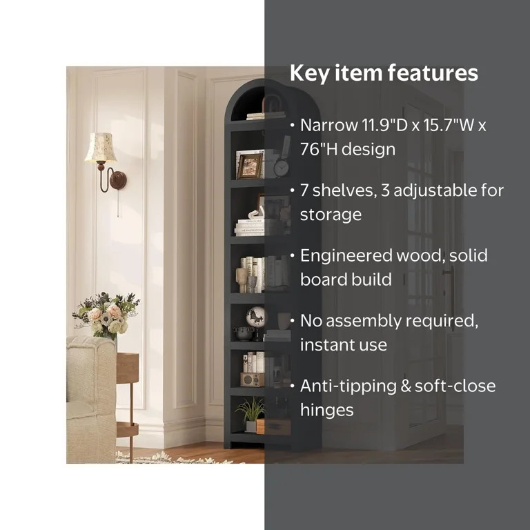76" Tall Narrow Arched Bookcase, 7-Teir Mid-Century Modern Bookshelf with Adjustable Shelves for ... | Walmart (US)