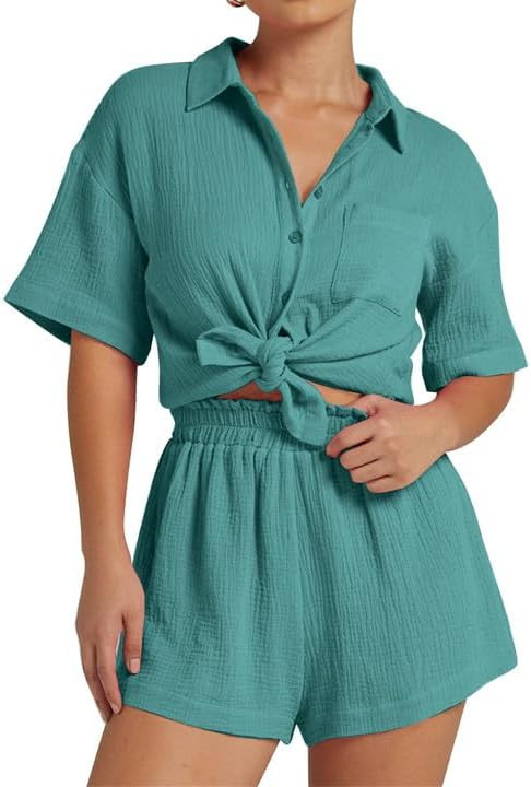 Eisctnd Women 2 Piece Linen Set for Women Outfits Pajamas Short Cotton Linen Soft Matching Short ... | Amazon (US)