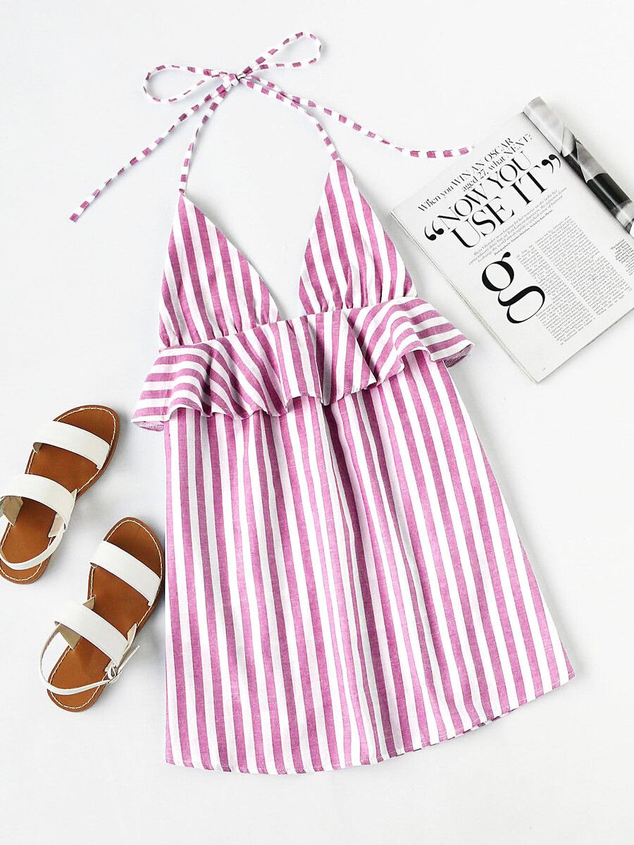 Halter Neck Vertical Striped Frill Trim Dress | SHEIN