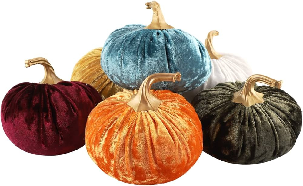 fulong 6PCS Faux Velvet Pumpkins Rustic Harvest Decoration, Soft Stuffed Artificial Pumpkins Home... | Amazon (US)