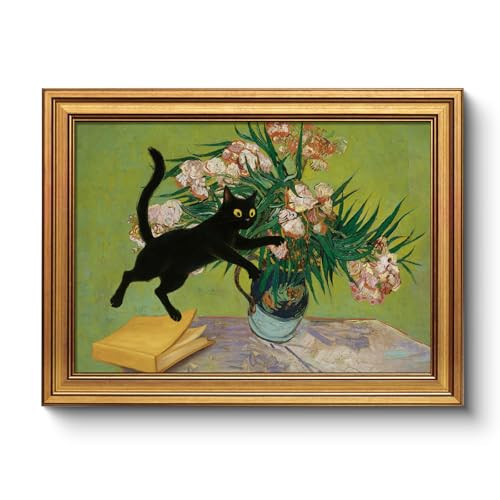 Vintage Funny Black Cat Oleanders Wall Art Gold Framed Canvas Wall Art, Classic 12x16 Van Gogh Inspired Pink Flowers Painting Print, Playful Cat and Vase Artwork Bedroom Study Office Décor | Amazon (US)