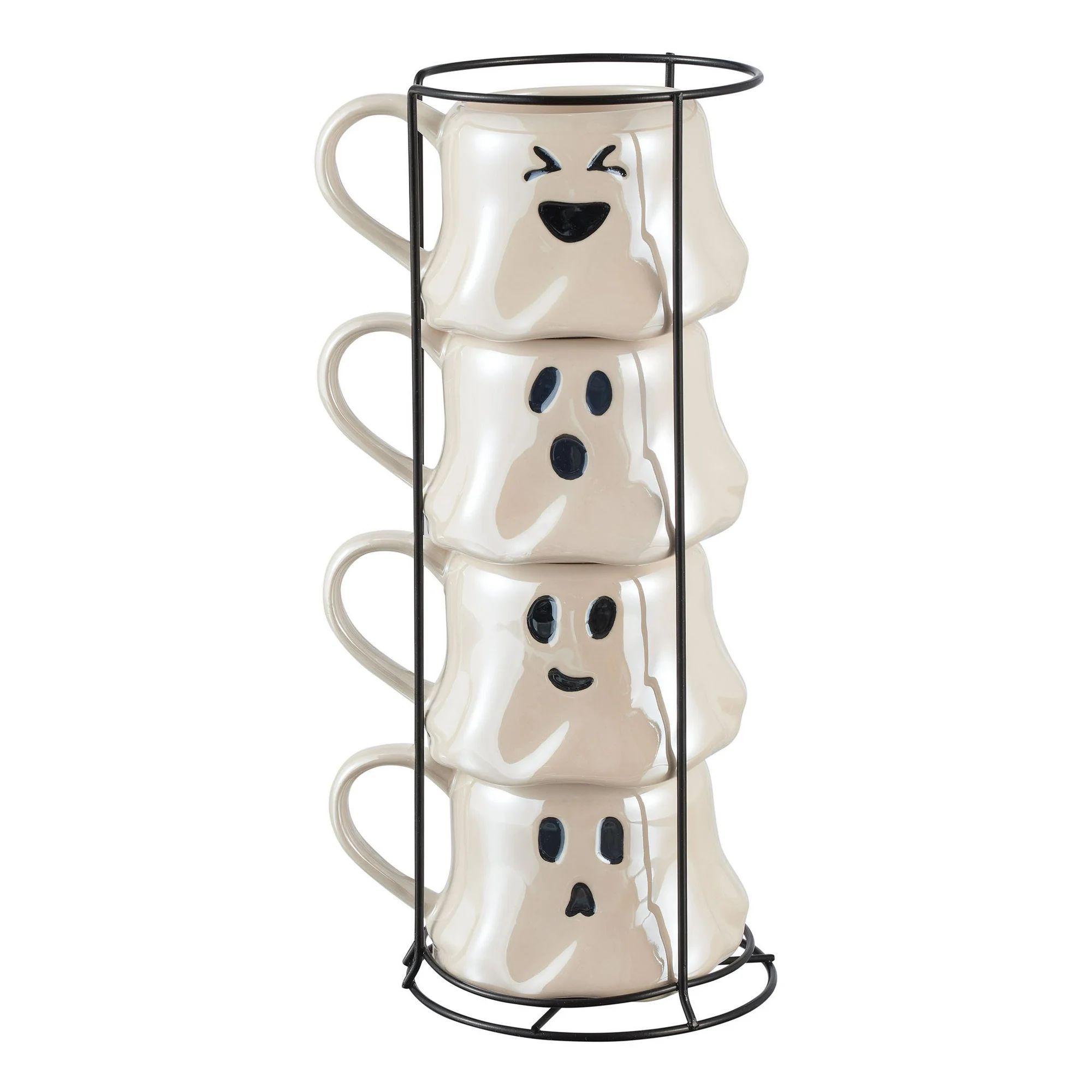 Halloween 13-Ounce White Ghost Stoneware Stackable Mug Set with Iron Rack, by Way To Celebrate | Walmart (US)